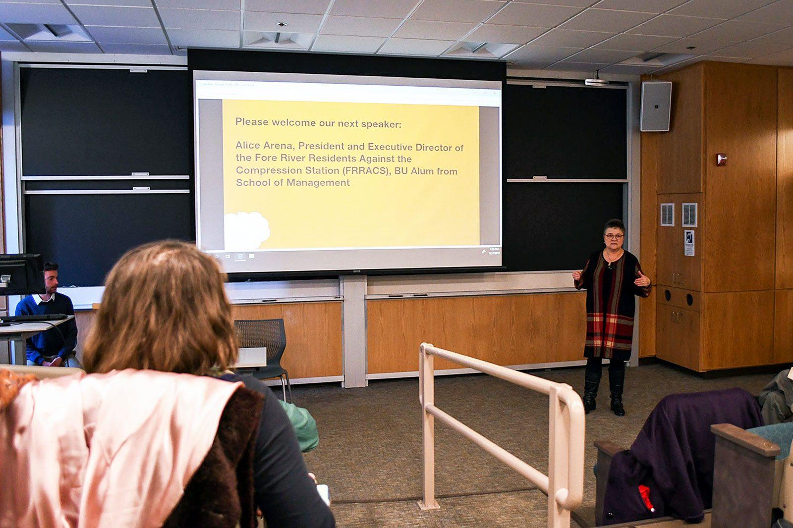 President and executive director of Fore River Residents Against the Compression Station Alice Arena speaks at a town hall on climate change hosted by Divest BU Saturday. AUSMA PALMER/ DAILY FREE PRESS STAFF