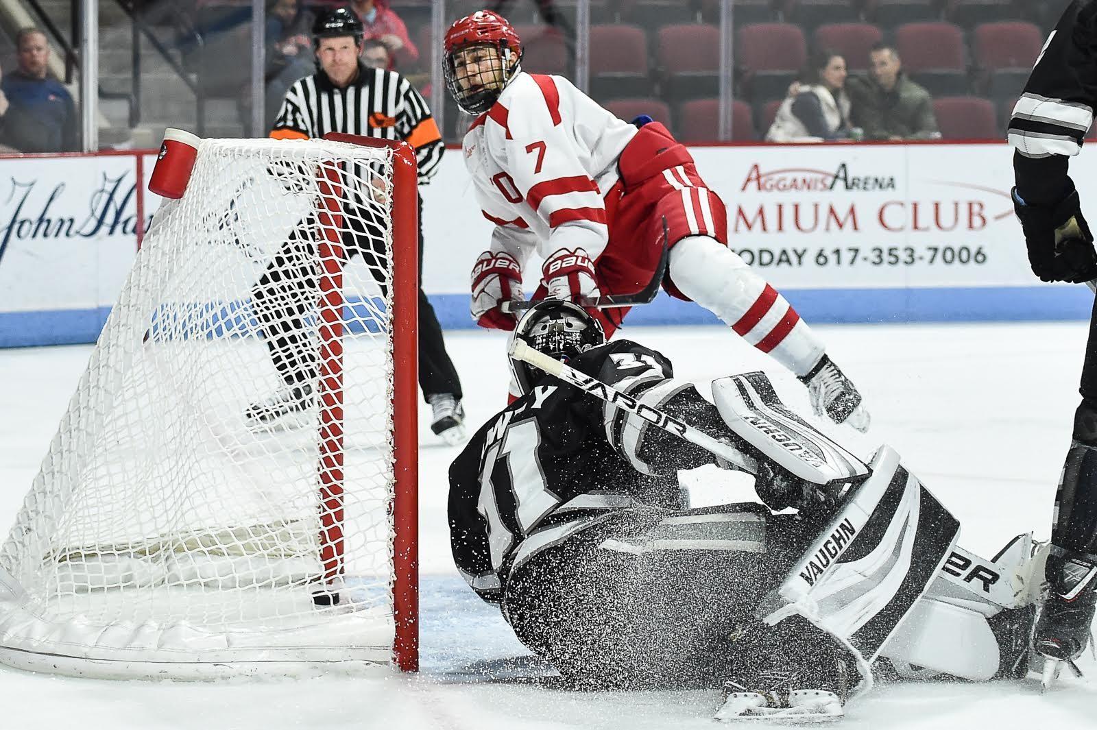 Chad Krys pumps his fist after putting the Terriers on the board in the third period of a 2-0 win over Providence. 