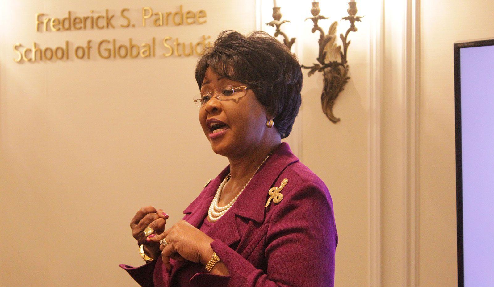 Arikana Chihombori-Quao, African Union Ambassador to the United States, speaks at Boston University’s Frederick S. Pardee School of Global Studies. PHOTO COURTESY OF THE PARDEE SCHOOL OF GLOBAL STUDIES