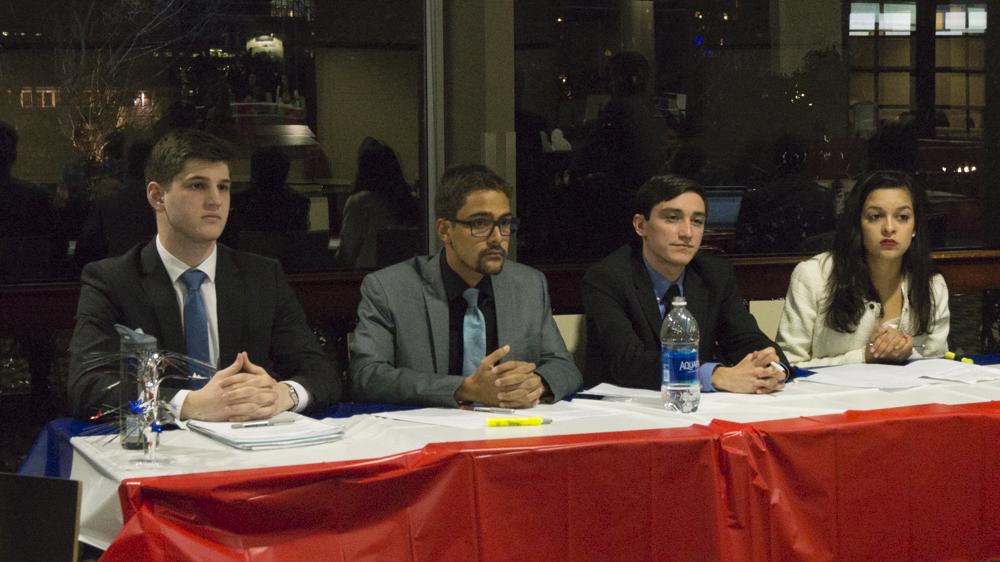 Alexander Diaz, Alexander Meyer, Kenneth Delatorre and Simran Multani of BUnited during the Student Government press conference on Thursday evening. PHOTO BY MADHAV KOHLI/ DAILY FREE PRESS STAFF 