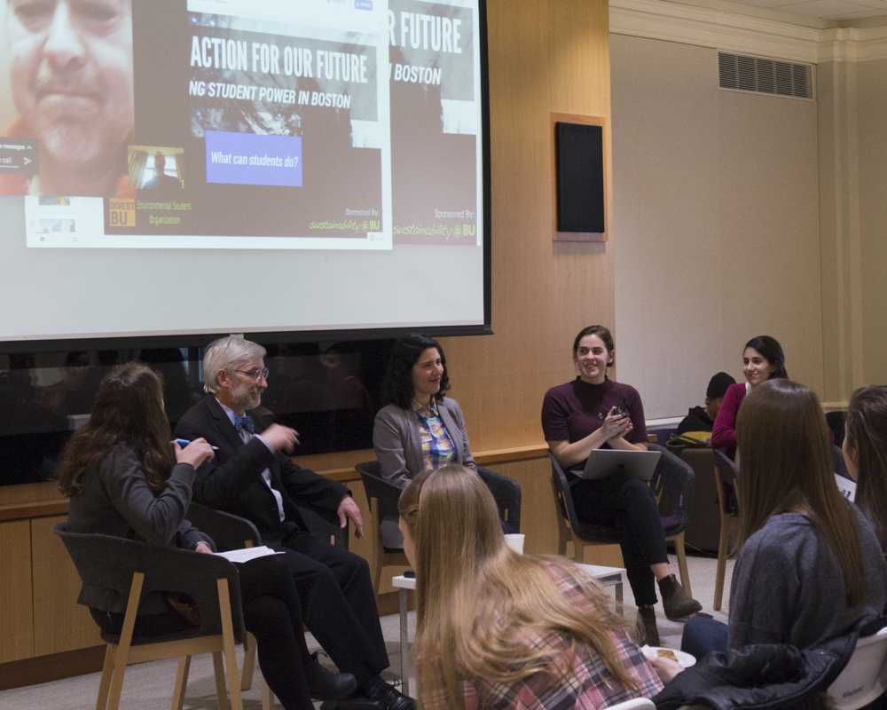 Panelists speak during “Climate Action for Our Future: Mobilizing Student Power” on Wednesday evening. The Environmental Student Organization and Divest BU hosted the event to discuss climate change in Boston. PHOTO BY MADHAV KOHLI/DAILY FREE PRESS STAFF 

