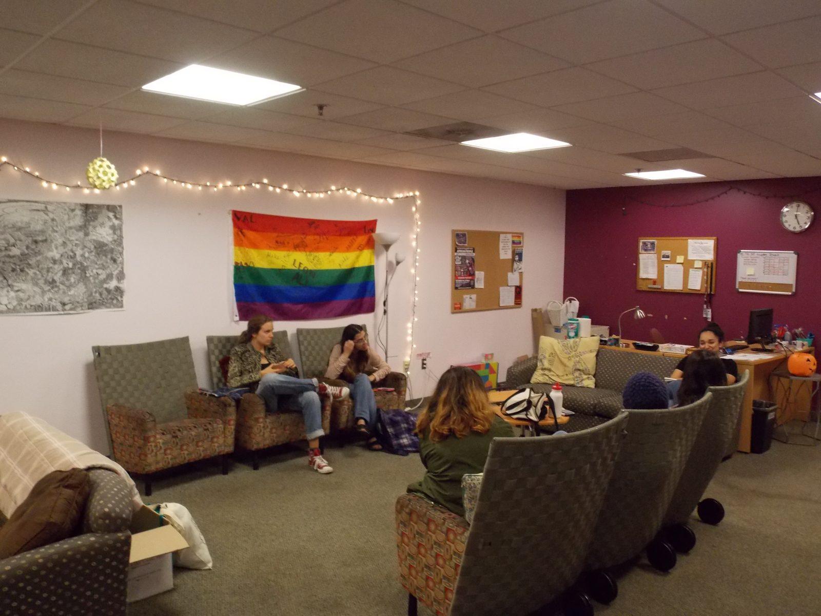 Students sit in Boston University's Center for Gender, Sexuality and Activism. The CGSA is holding its first clothing drive for Youth on Fire, a center for homeless LGBTQ youth in Cambridge. ELIZA SHAW/ DFP FILE PHOTO