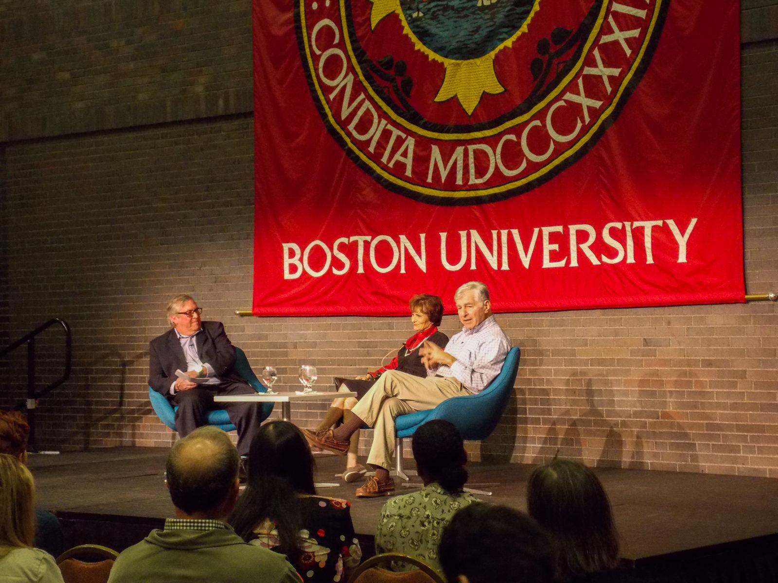 Michael and Kitty Dukakis speak about the future of American politics Monday evening at the Metcalf Ballroom. PHOTO BY ELIZA SHAW/ DAILY FREE PRESS STAFF
