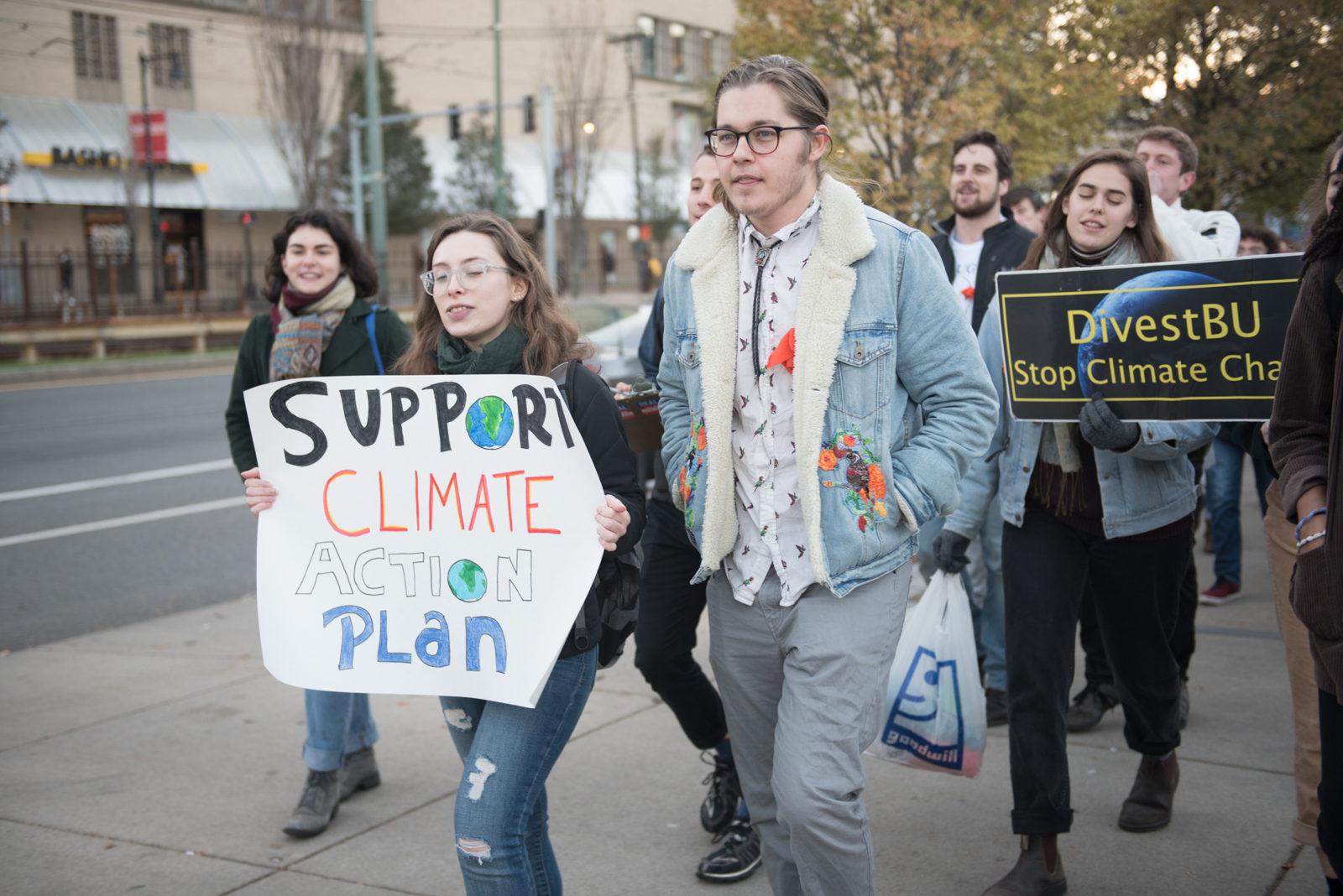 Boston University students march to protest climate change at a DivestBU rally on Nov. 15. PHOTO BY MAISIE MANSFIELD-GREENWALD/ DAILY FREE PRESS STAFF