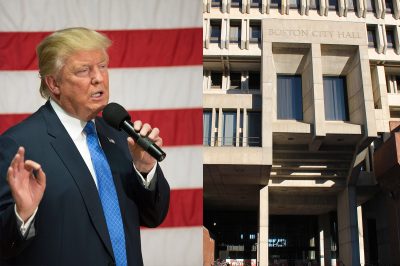 The Make Massachusetts Great Again PAC and other Trump supporters held a rally Saturday afternoon at City Hall to show support for the Republican presidential candidate. PHOTO BY SARAH SILBIGER/ DAILY FREE PRESS STAFF AND ABIGAIL FREEMAN/ DFP FILE PHOTO