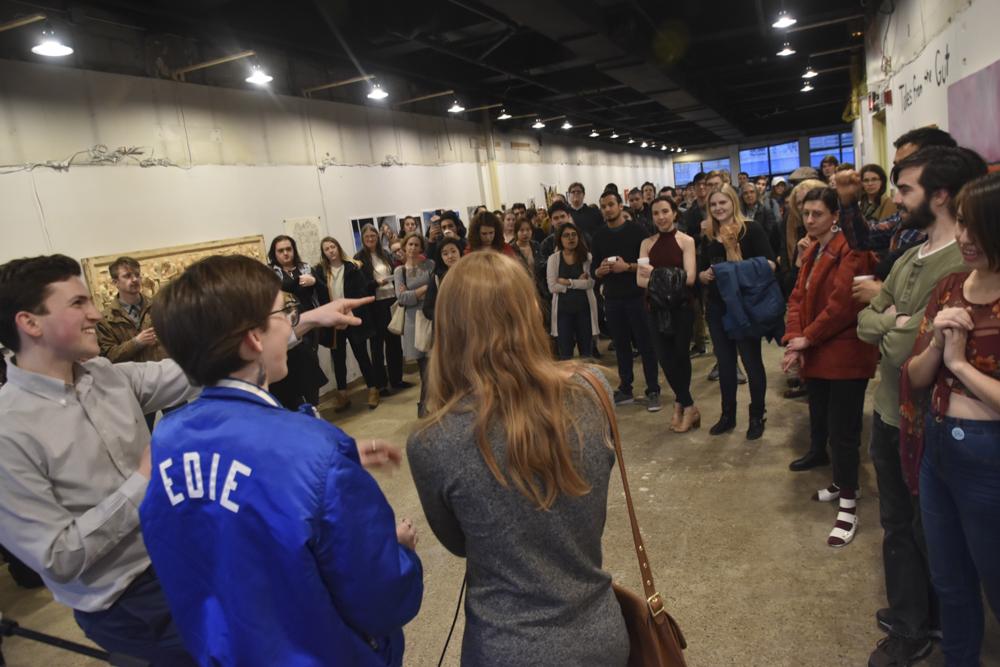 The opening reception of “From the Gut” at the Post-Cubicle Gallery in Kenmore Square. The show features work from a number of different artists and explores themes of trauma and memory. PHOTO COURTESY LADAN OSMAN