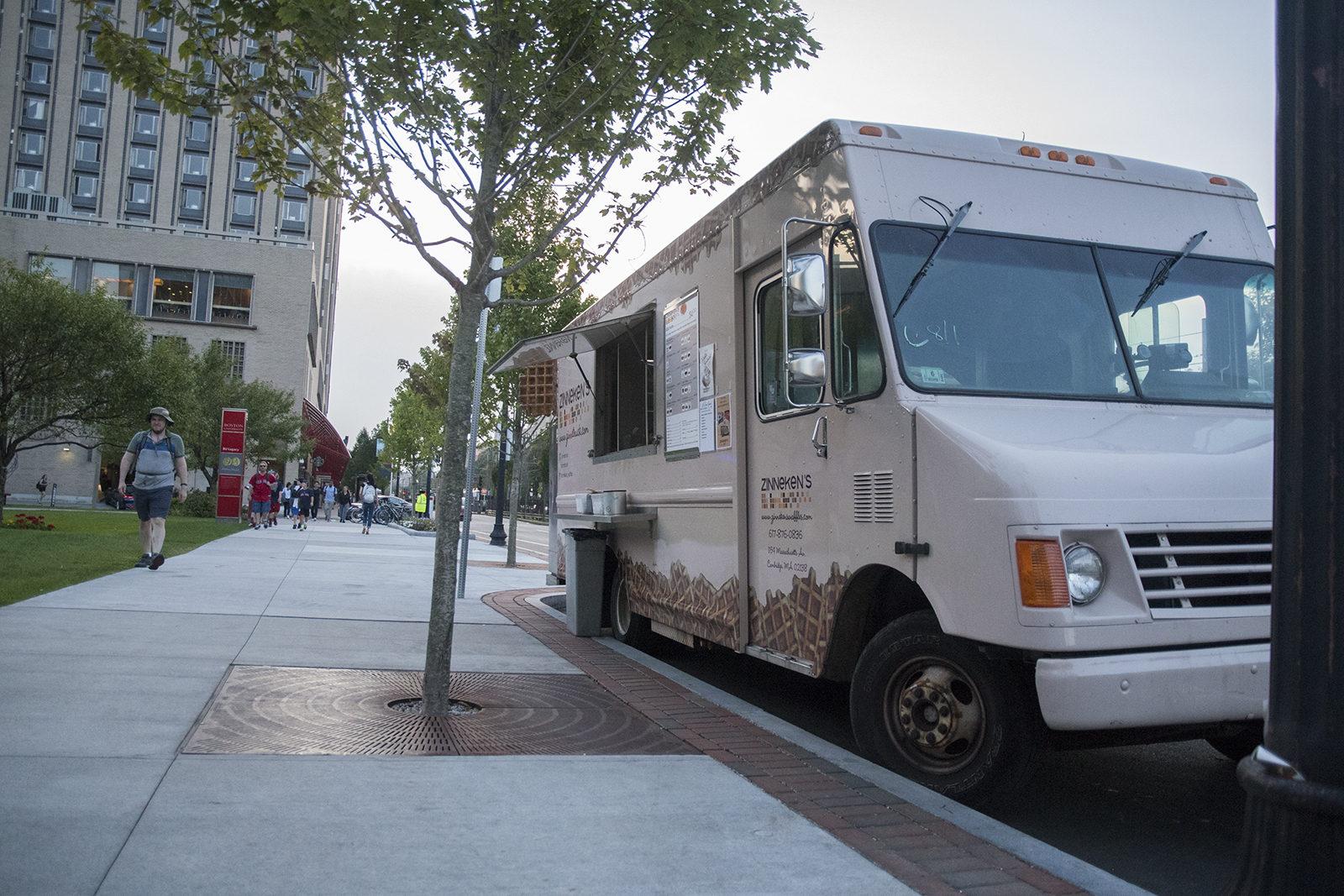 Food trucks often park outside of Boston University's College of Communication, serving foods like belgian waffles, grilled cheese and Vietnamese sandwiches. PHOTO BY CHLOE GRINBERG/ DAILY FREE PRESS STAFF