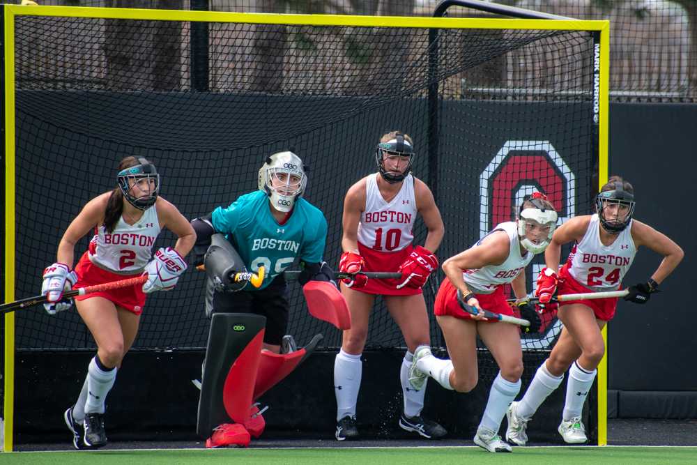 Boston University field hockey players Payton Anderson (2), Michelle Prario (95), Rachel Borzymowski (10), Amalia Preece (11), and Thalia Steenssens (24) in a game against UNH in April. The Terriers are 3-3 and won their first Patriot League game Monday. MOLLY POTTER/DFP PHOTOGRAPHER