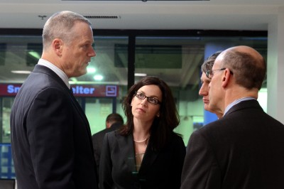 (From left) Massachusetts Gov. Charlie Baker speaks to Christine Packard, deputy director of the Massachusetts Emergency Management Agency; Daniel Bennett, secretary of the Massachusetts Executive Office of Public Safety and Security; and Kurt Schwartz, undersecretary for Homeland Security and Emergency Management in the EOPSS at Logan International Airport Monday. PHOTO BY DANIEL GUAN/DAILY FREE PRESS STAFF