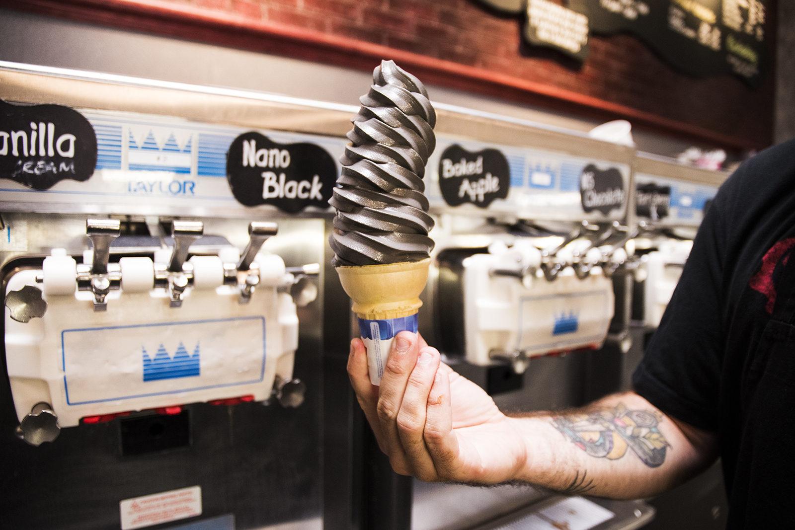 Following the trend of charcoal-based foods, J.P. Licks offers Nano Black ice cream in its stores. PHOTO BY CHLOE GRINBERG/ DAILY FREE PRESS STAFF