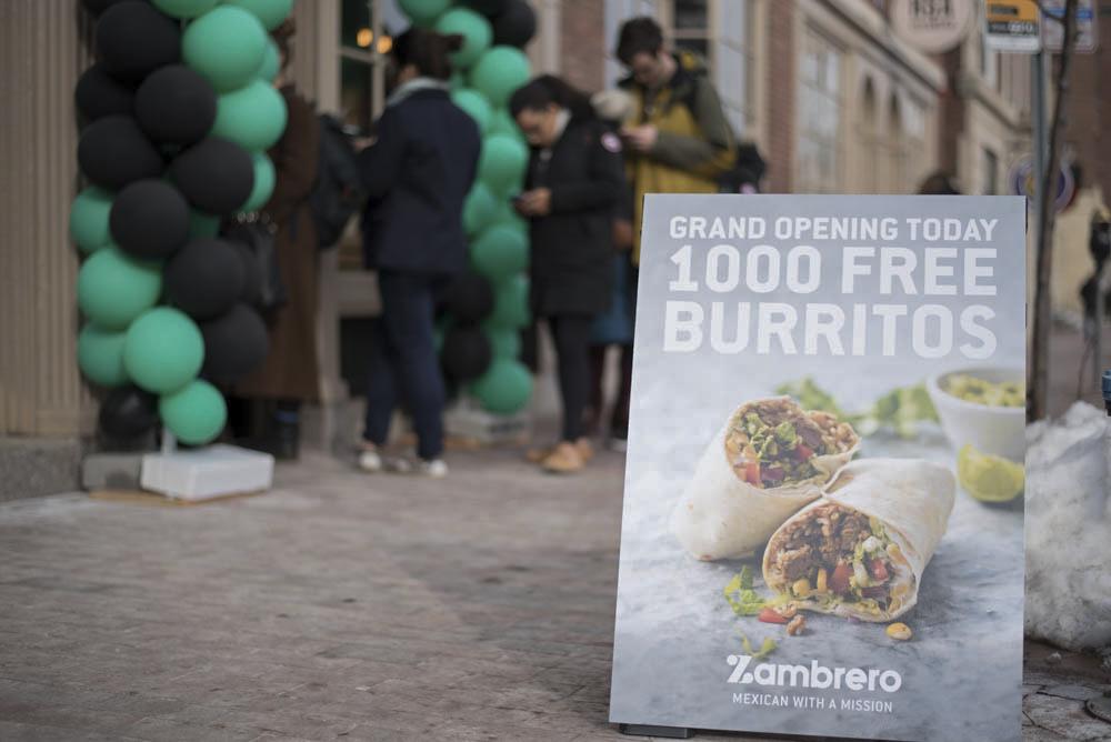 Zambrero celebrates its grand opening in Harvard Square on March 20. Zambrero gave away 1,000 free burritos to celebrate the event. PHOTO BY MAISIE MANSFIELD-GREENWALD/ DAILY FREE PRESS STAFF 