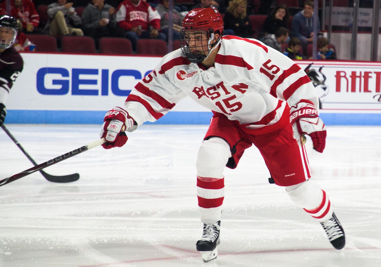Freshman forward Shane Bowers scores his second goal of the game in overtime. PHOTO BY CHLOE GRINBERG/ DAILY FREE PRESS STAFF