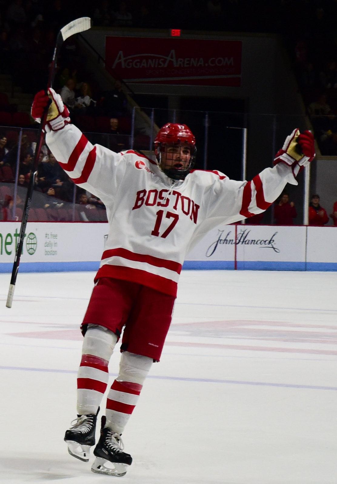 Dante Fabbro celebrates after scoring the go-ahead goal. PHOTO BY CHLOE GRINBERG/ DAILY FREE PRESS STAFF
