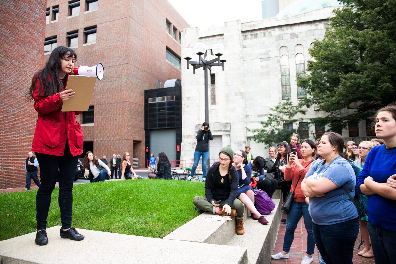 Boston University’s Graduate Student Union, which organized the Oct. 12 rally against sexual assault, is not recognized by BU. PHOTO BY CHLOE GRINBERG/ DAILY FREE PRESS STAFF