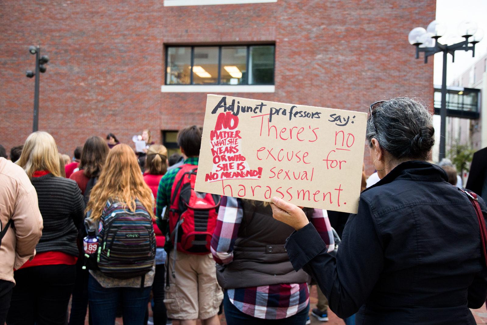 The BU Graduate Workers Union hosts "Speakout and Rally Against Sexual Harassment in Higher Ed" Wednesday evening at the Metcalf Science Center Plaza. PHOTO BY CHLOE GRINBERG/ DAILY FREE PRESS STAFF