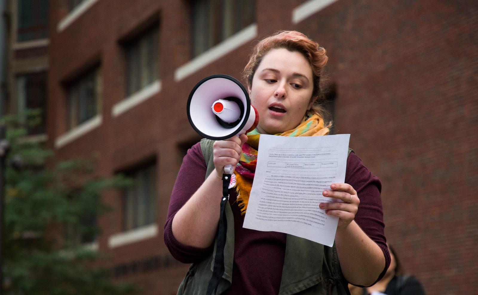 A member of the Boston University Graduate Student Union speaks at a rally against sexual assault following allegations against BU professor David Marchant. PHOTO BY CHLOE GRINBERG/ DAILY FREE PRESS STAFF