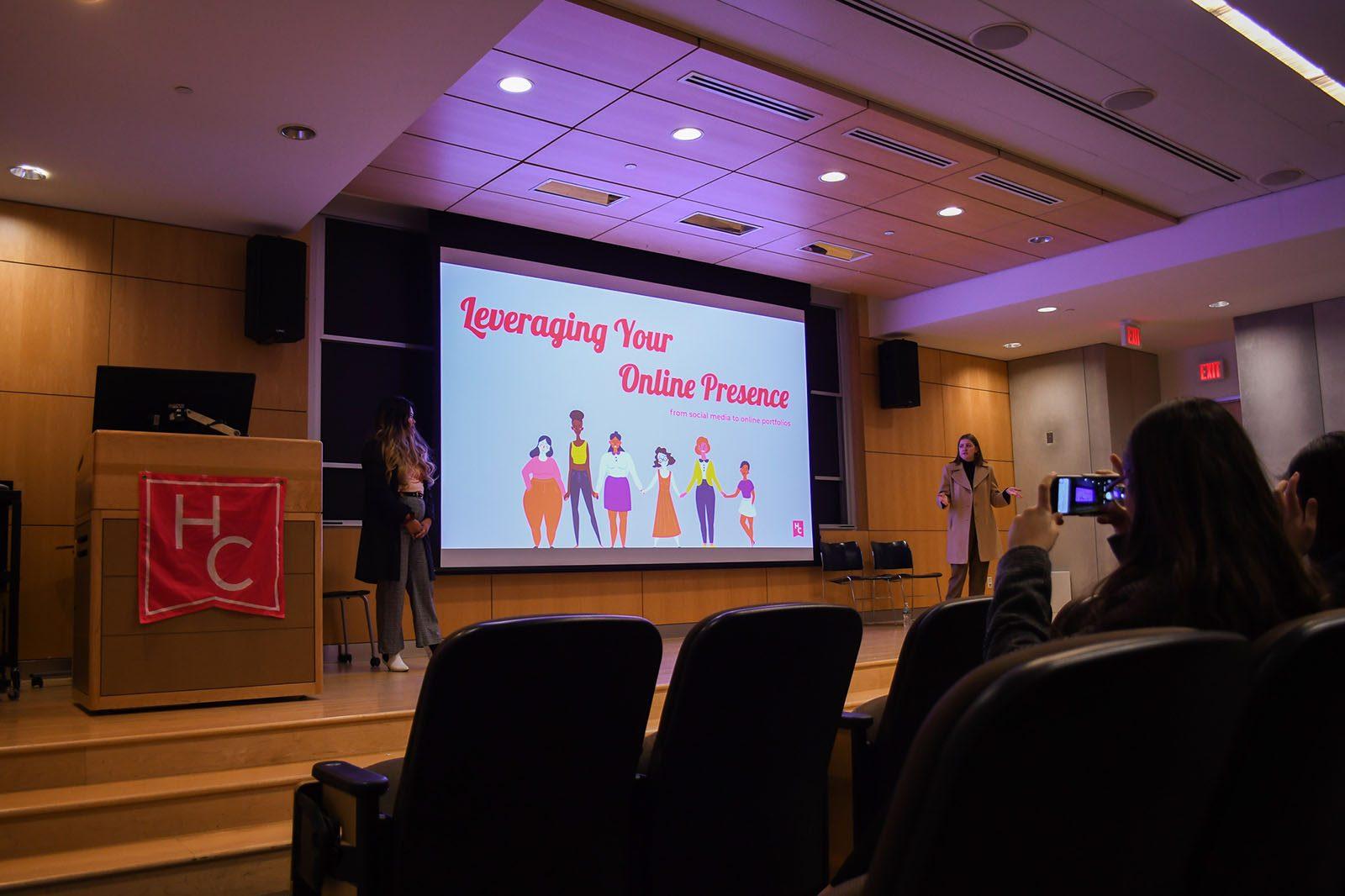 Edel Rimando, left, and Felicity Warner, both editors at Her Campus BU, lead a panel discussion at the Empowermxnt Conference in the Boston University Life Science and Engineering Building Sunday. AUSMA PALMER/ DAILY FREE PRESS STAFF