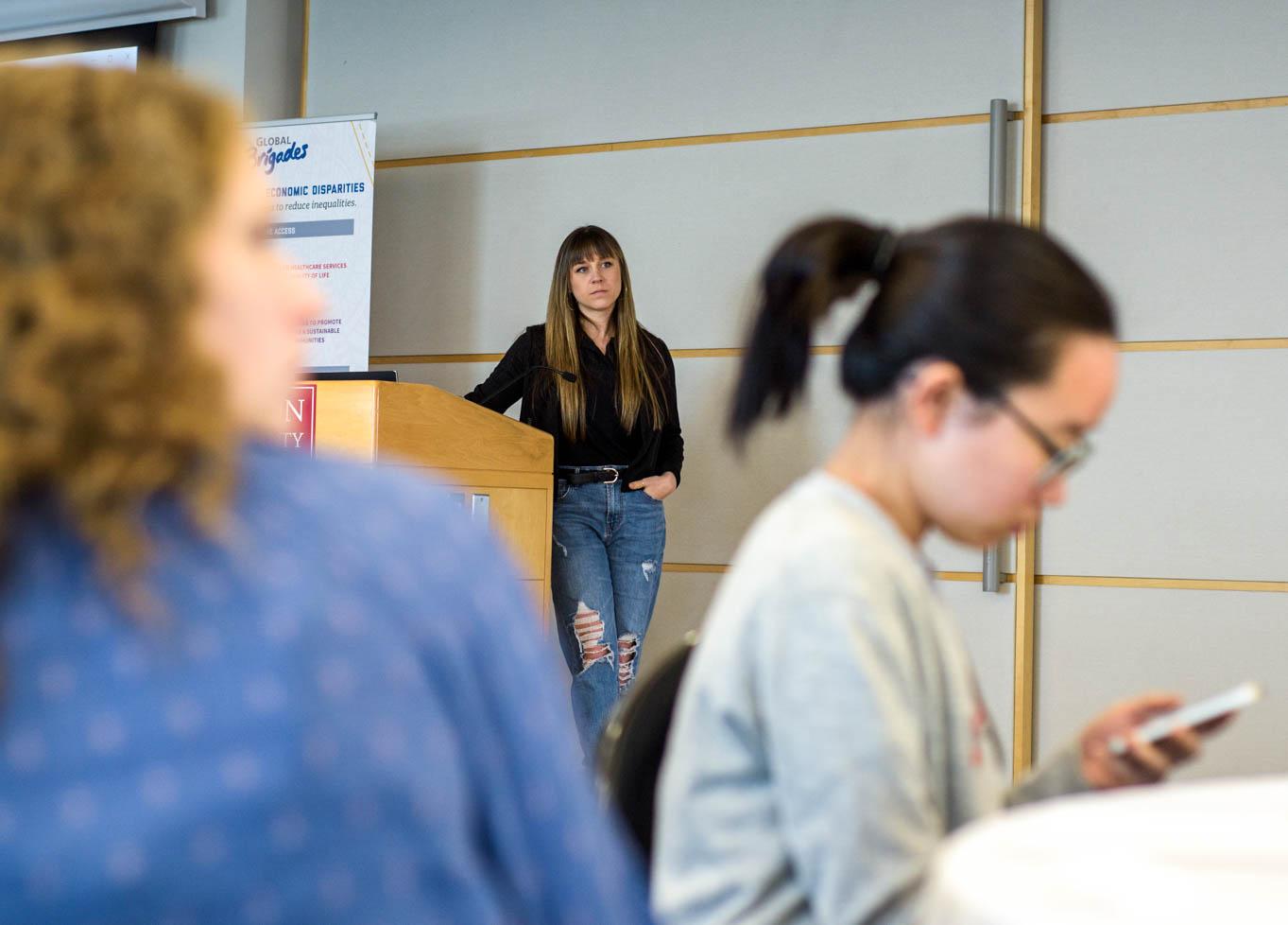 Alexa Schmidt, the U.S. senior marketing manager of Global Brigades, spoke at Boston University on Saturday for the 2019 Global Brigades Northeast Regional Student Leadership Conference. CHLOE GRINBERG/ DFP STAFF 