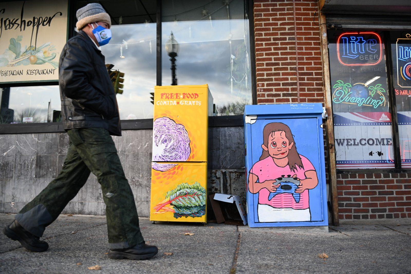 A community fridge in Allston outside of Grasshopper Restaurant. Food insecurity as a result of the COVID-19 pandemic has led to the opening of community fridges across the city of Boston. LAURYN ALLEN/ DAILY FREE PRESS STAFF




