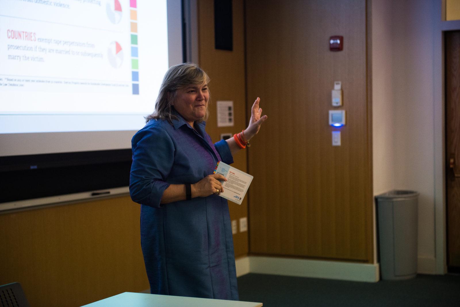 Maria Noel Vaeza speaks at the College of Arts and Sciences Thursday evening to discuss reducing violence against women. PHOTO BY MAISE MANSFIELD-GREENWALD/ DAILY FREE PRESS STAFF