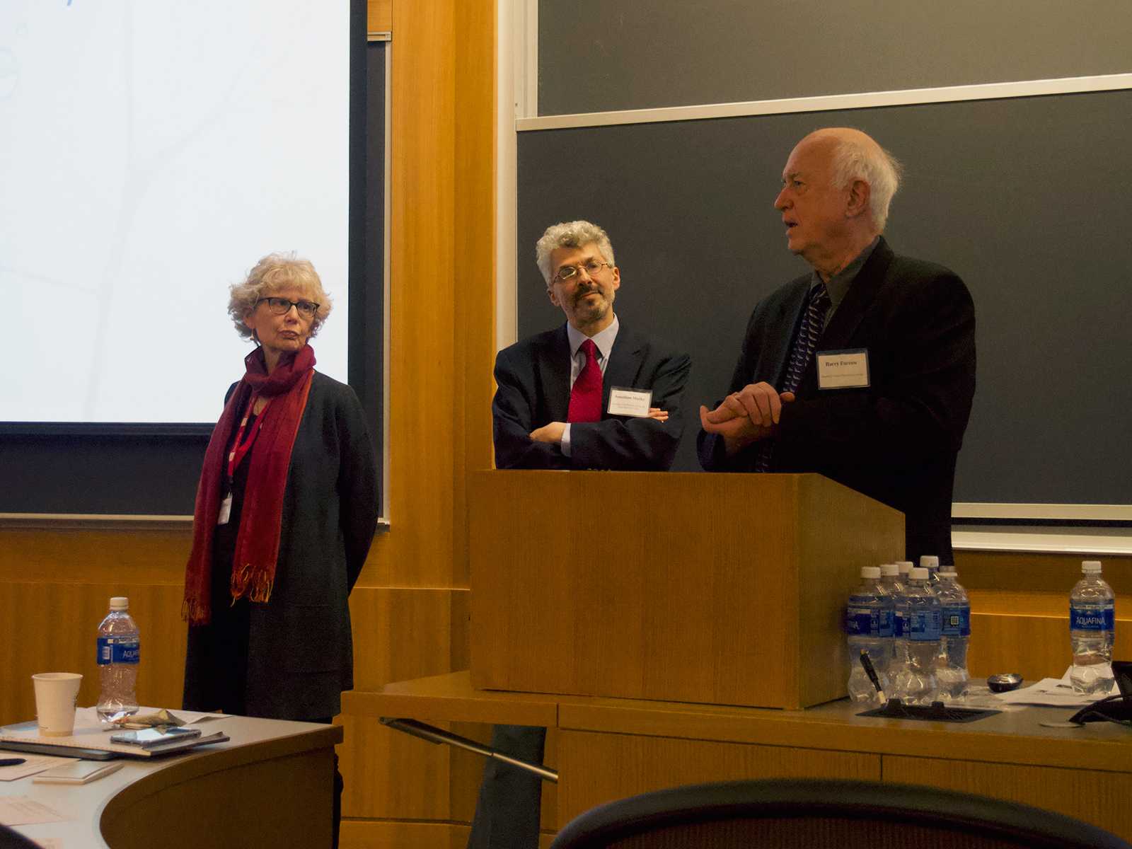 Washington University Professor of Law Rebecca Dresser, Penn State University Bioethics Program Director Jonathan Marks and Drexel University Health Law Program Director Barry Furrow speak at the “Emerging Issues in Bioethics” symposium held at Boston University’s School of Law Friday. DANIEL KOOL/ DAILY FREE PRESS STAFF
