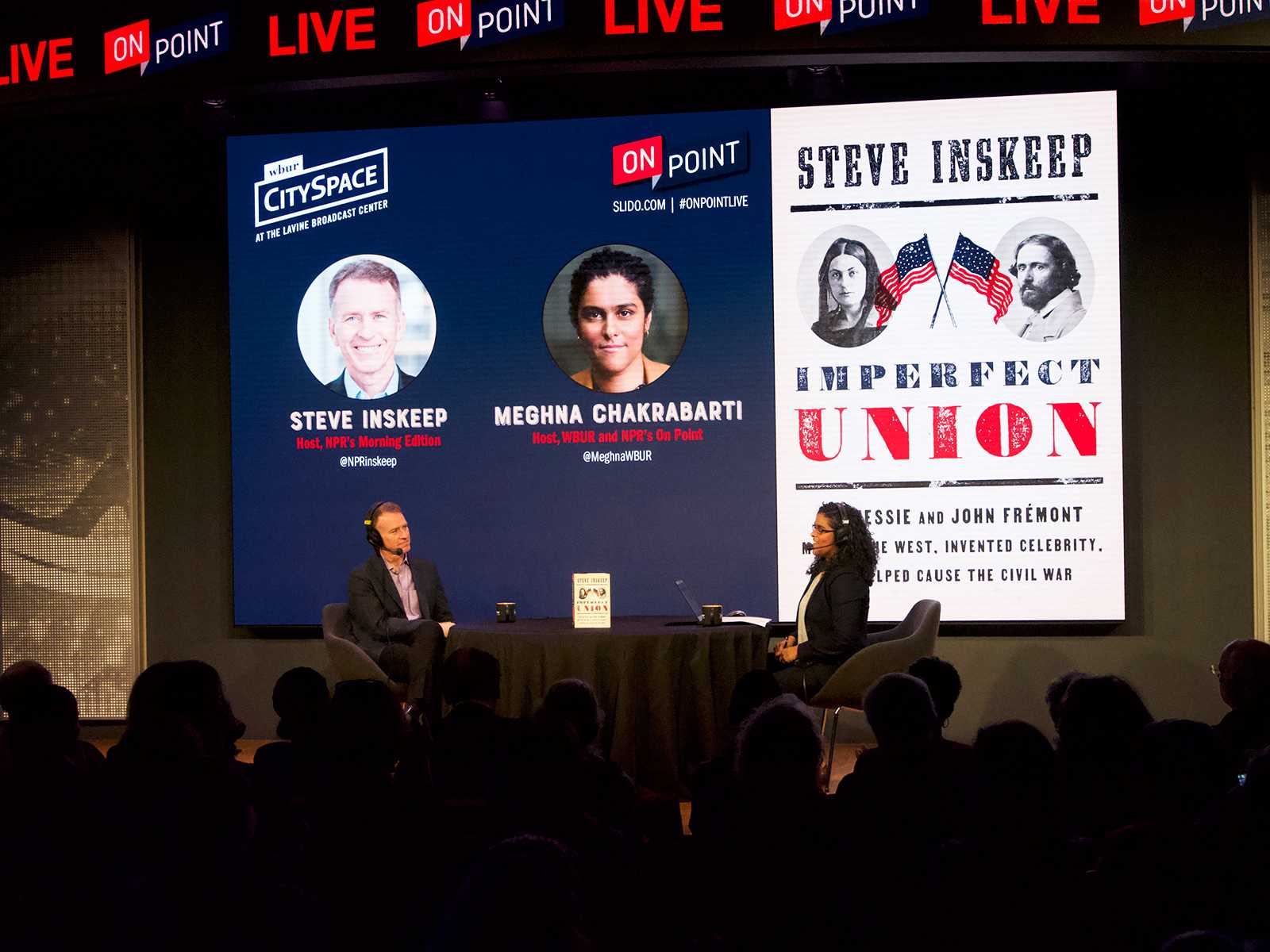 Steve Inskeep, host of NPR’s “Morning Edition” and “Up First” and Meghna Chakrabarti, host of WBUR and NPR’s “On Point,” co-host a live recording of “On Point” at WBUR CitySpace Thursday. DANIEL KOOL/ DAILY FREE PRESS STAFF