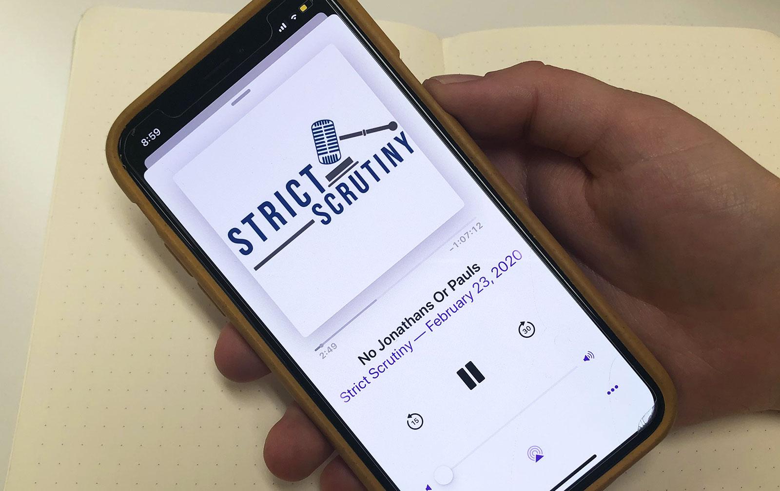 “Strict Scrutiny,” a podcast about the Supreme Court and legal issues, recorded a live episode at WBUR CitySpace in conjunction with Boston University’s School of Law Feb. 21. ILLUSTRATION BY AUSMA PALMER/ DAILY FREE PRESS STAFF