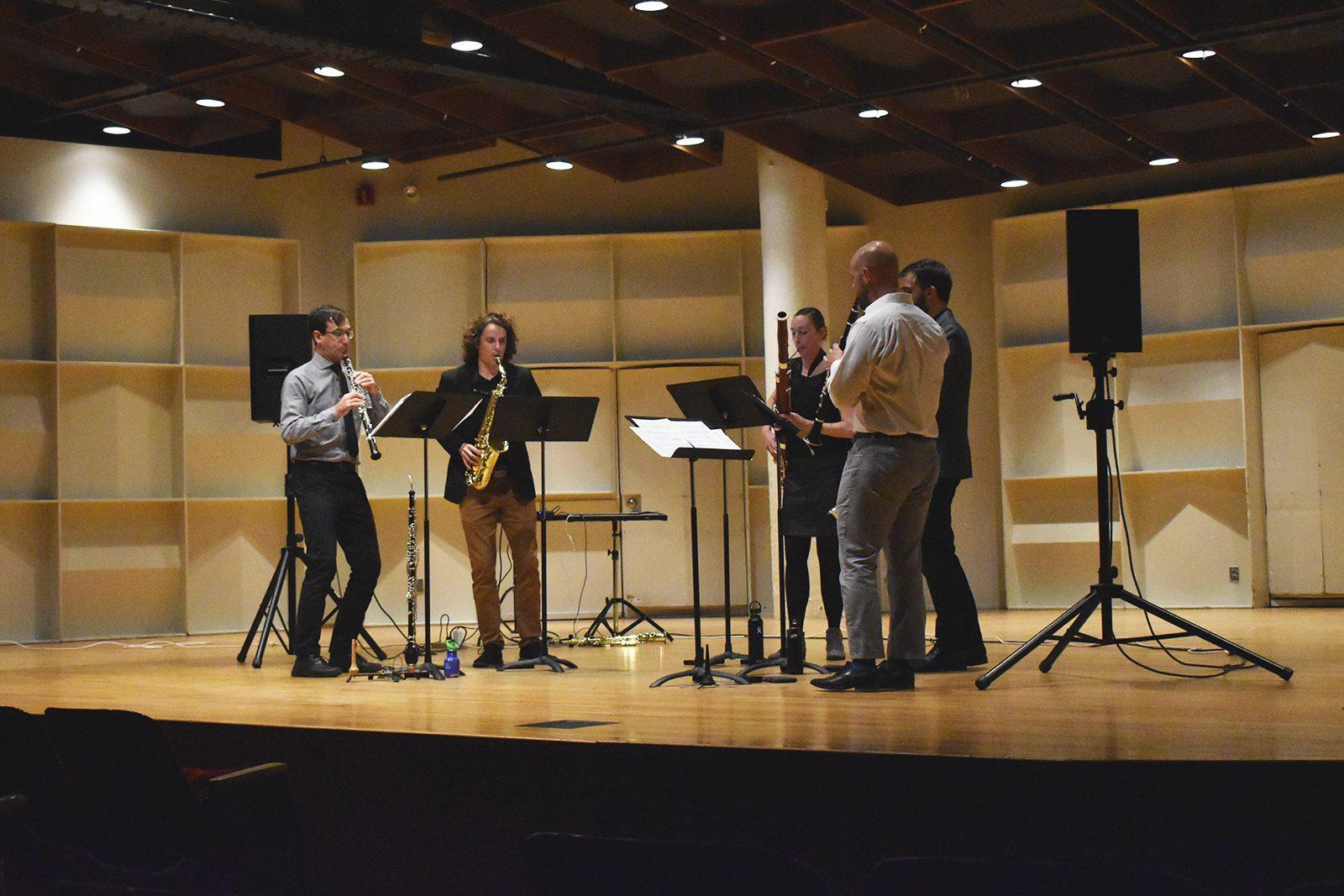 Splinter Reeds, Boston University Center for New Music’s artist-in-residence, performs music composed by students at a free concert in the College of Fine Arts Concert Hall Tuesday. ALI AUDET/ DAILY FREE PRESS STAFF
