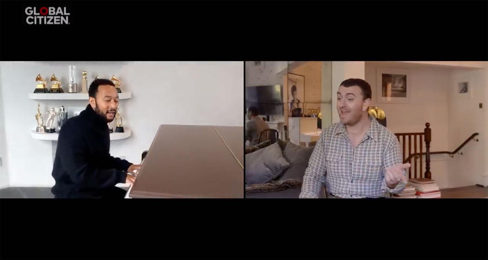 John Legend and Sam Smith perform Ben E. King’s “Stand By Me” during Global Citizen’s “One World: Together at Home” virtual benefit concert for coronavirus relief Saturday. COURTESY GLOBAL CITIZEN VIA YOUTUBE
