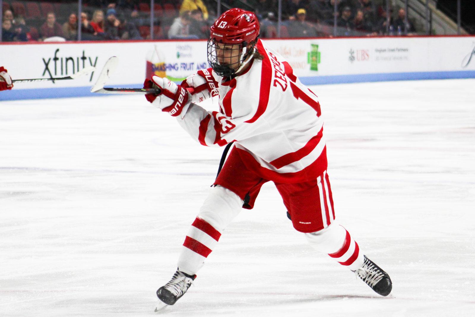Freshman forward Trevor Zegras, shown in a Feb. 22 game against the University of Connecticut, just signed a contract with the Anaheim Ducks, making him one of seven Terriers leaving the program this season. JENNA VANSICKLE/ DFP FILE