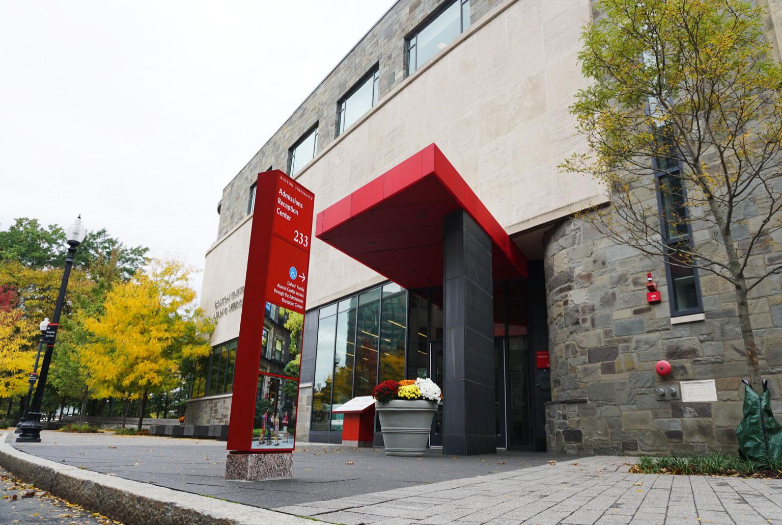 The Admissions Reception Center at Boston University. The university will make standardized tests optional for high school students applying for admission this fall in light of the coronavirus. SOPHIE PARK/ DFP FILE
