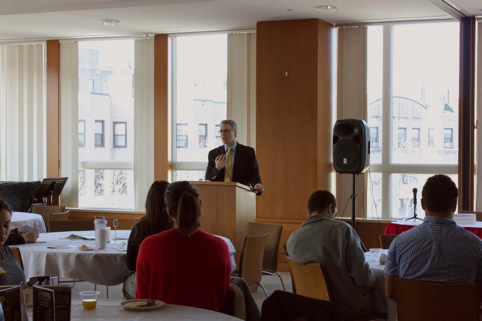 William Grimes, the associate dean for academic affairs at the Frederick S. Pardee School of Global Studies, speaks at the Delta Phi Epsilon Gamma Chapter conference. CONNYR LU/ DFP STAFF