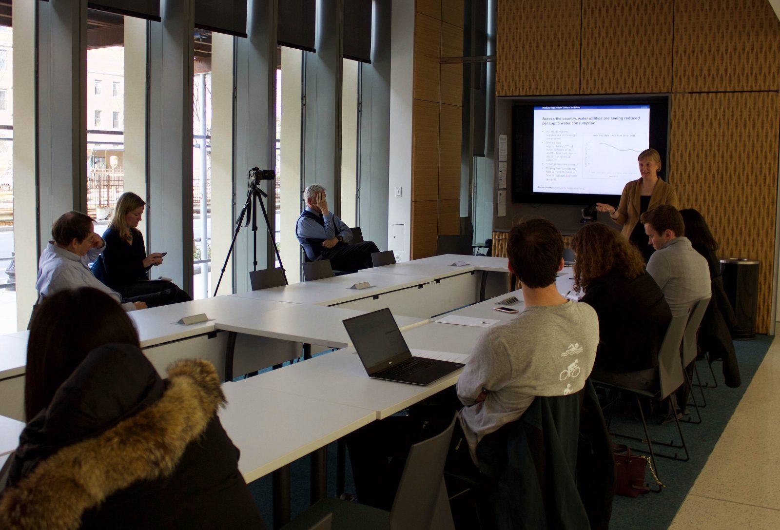 Jacqueline Ashmore, executive director for the BU Institute for Sustainable Energy, spoke on the connected nature of water and electric utilities Friday in the Rajen Kilachand Center for Integrated Life Sciences and Engineering. CONNYR LU/ DFP STAFF 