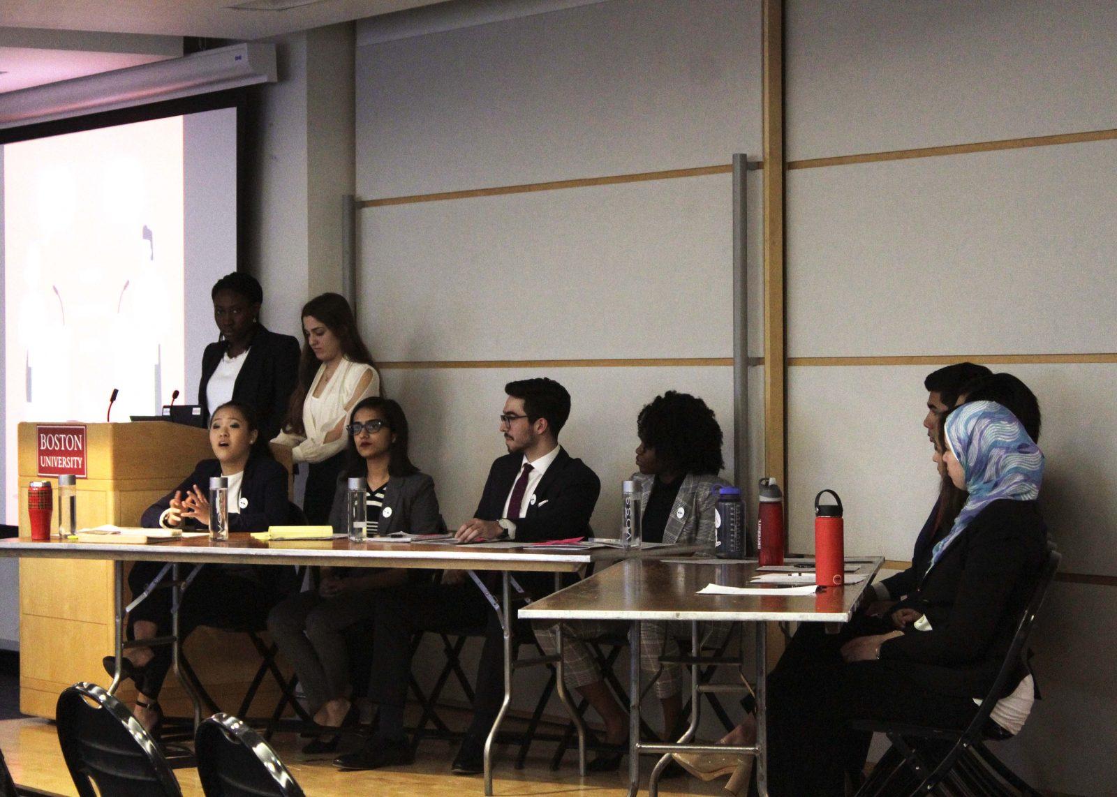 Candidates for BU Student Government’s executive board took part in a debate Tuesday night in the Photonics Center. RACHEL SHARPLES/ DFP STAFF