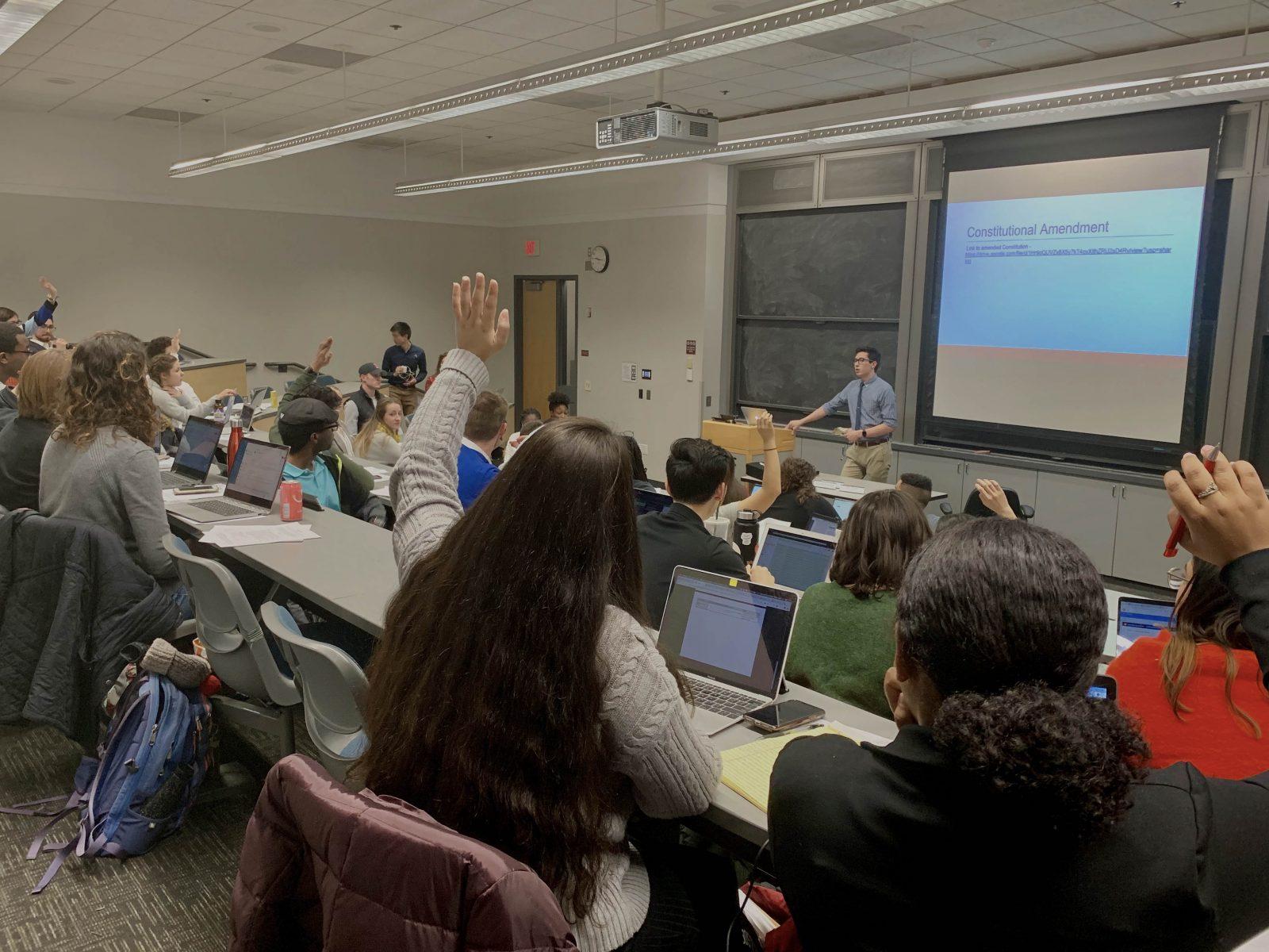 Senate Chair Andrew Chiao prepares to introduce the night’s schedule at Boston University’s Student Government meeting Monday night. SOFIA SARIC/ DAILY FREE PRESS STAFF