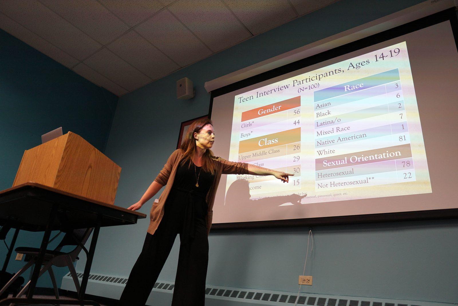 Sarah Miller, a lecturer in the Department of Sociology and the Women’s, Gender and Sexuality Studies Program, gave a talk on how social media affects bullying in schools on Monday. SOPHIE PARK/ DAILY FREE PRESS STAFF