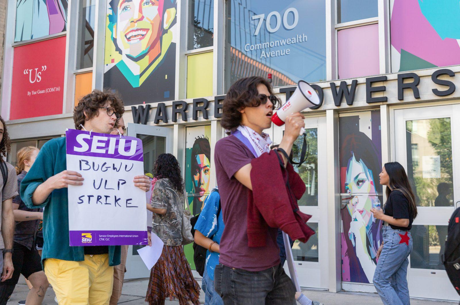 Boston University Graduate Workers Union marches outside Warren Towers in a walk-out on Sept. 5. Today, BUGWU ratified its first union contract, ending its almost seven-month long strike. KATE KOTLYAR/DFP PHOTOGRAPHER