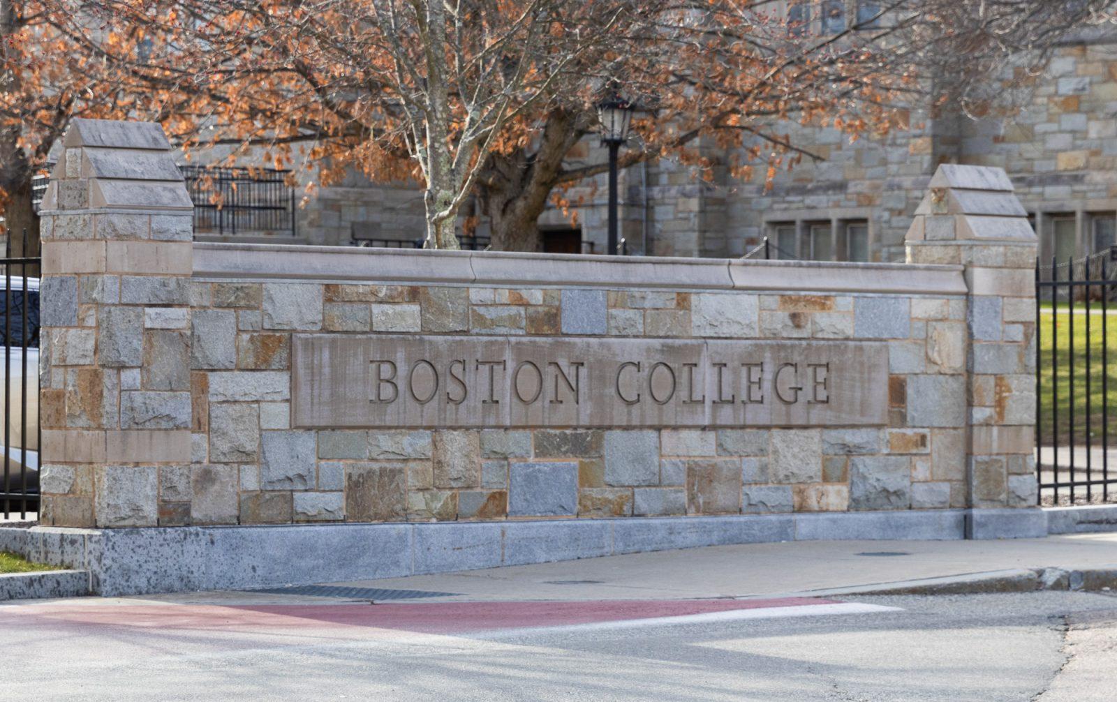 A sign at Boston College, a Jesuit, Catholic university. Richard Henning was installed as archbishop of Boston on Oct. 31, and plans to place an emphasis on Catholic education and stronger college campus engagement. KATE KOTLYAR/DFP PHOTOGRAPHER