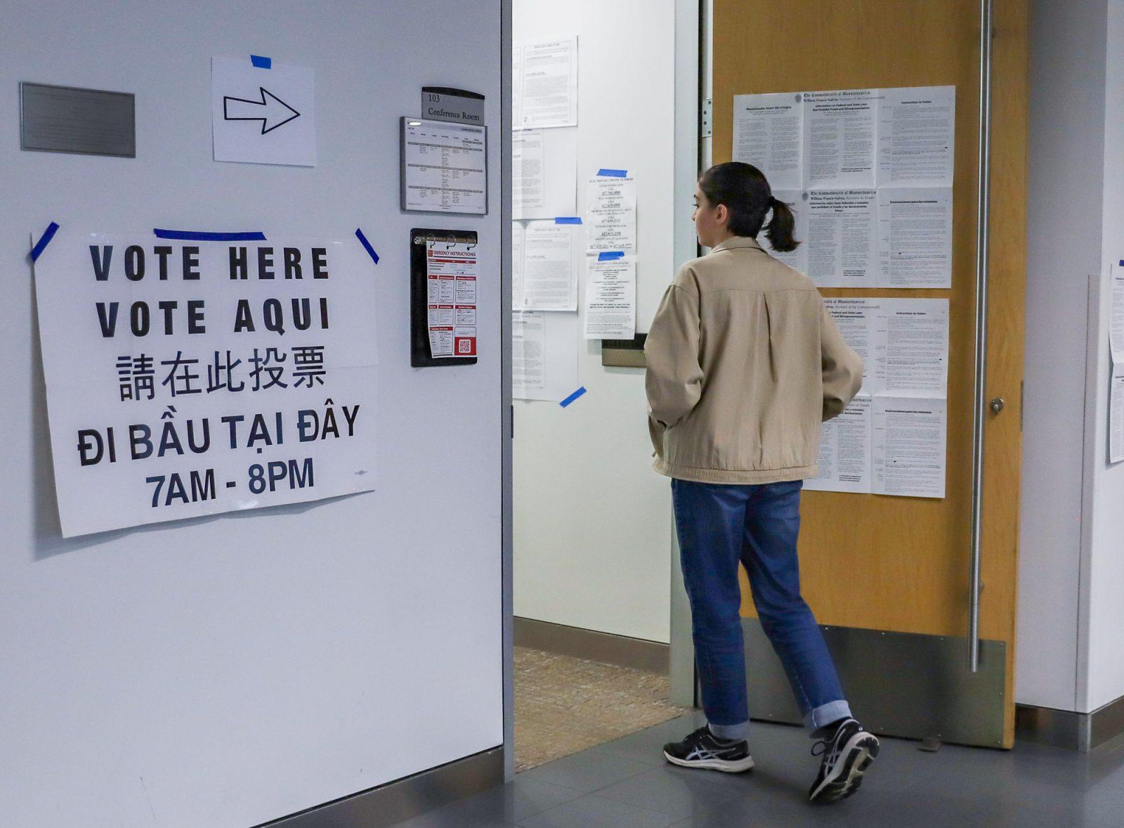 A student walks into the polling location at the Boston University Life Science and Engineering Building on Nov. 5. Republican college students across Boston feel threatened after alleged attacks following Donald Trump’s presidential win. KATE KOTLYAR/DFP PHOTOGRAPHER