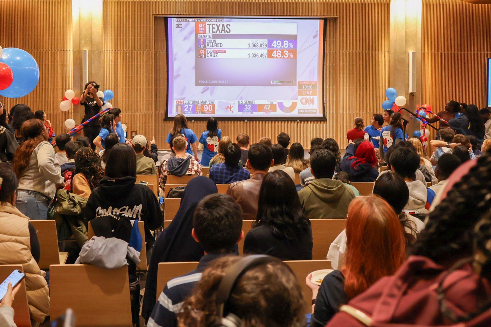 Boston University students watch the 2024 Presidential Election at the Howard Thurman Center. Boston residents had mixed reactions following the presidential election results. MEGAN KWAN/DFP PHOTOGRAPHER 

