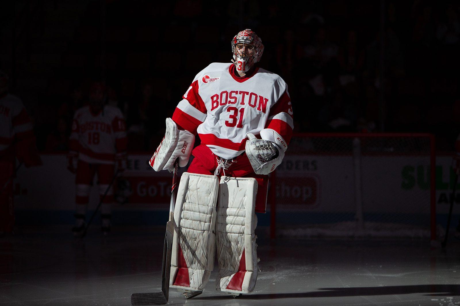 Graduate student goaltender Sam Tucker, shown in a November 2019 game against Northern Michigan University, stopped a career-high of 49 shots last week against the University of Massachusetts Lowell and will look to stay hot against the University of Vermont. MATT WOLVERTON/ DFP STAFF