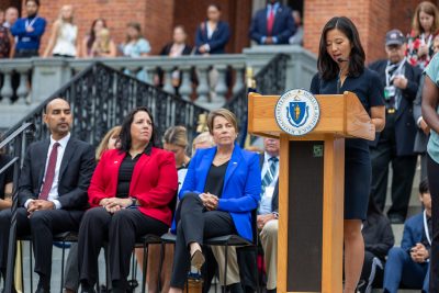 Mayor Michelle Wu attends the 22nd Annual Massachusetts Commemorative Ceremony at the State House