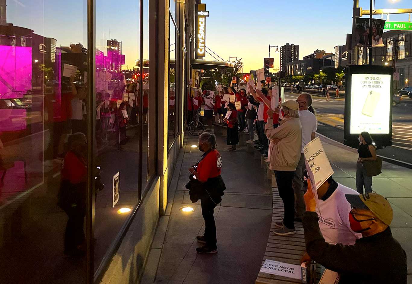 Boston Newspaper Guild protesters outside WBUR CitySpace