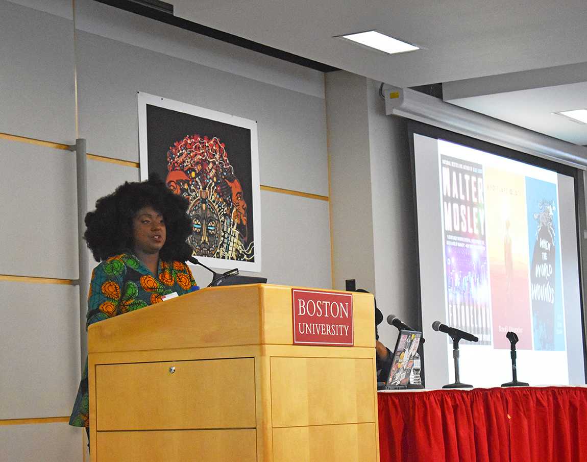 Sheree Renee Thomas, a writer and editor, speaks at a Afrofuturism conference on April 18 at Boston University.
ALI AUDET/ DFP STAFF