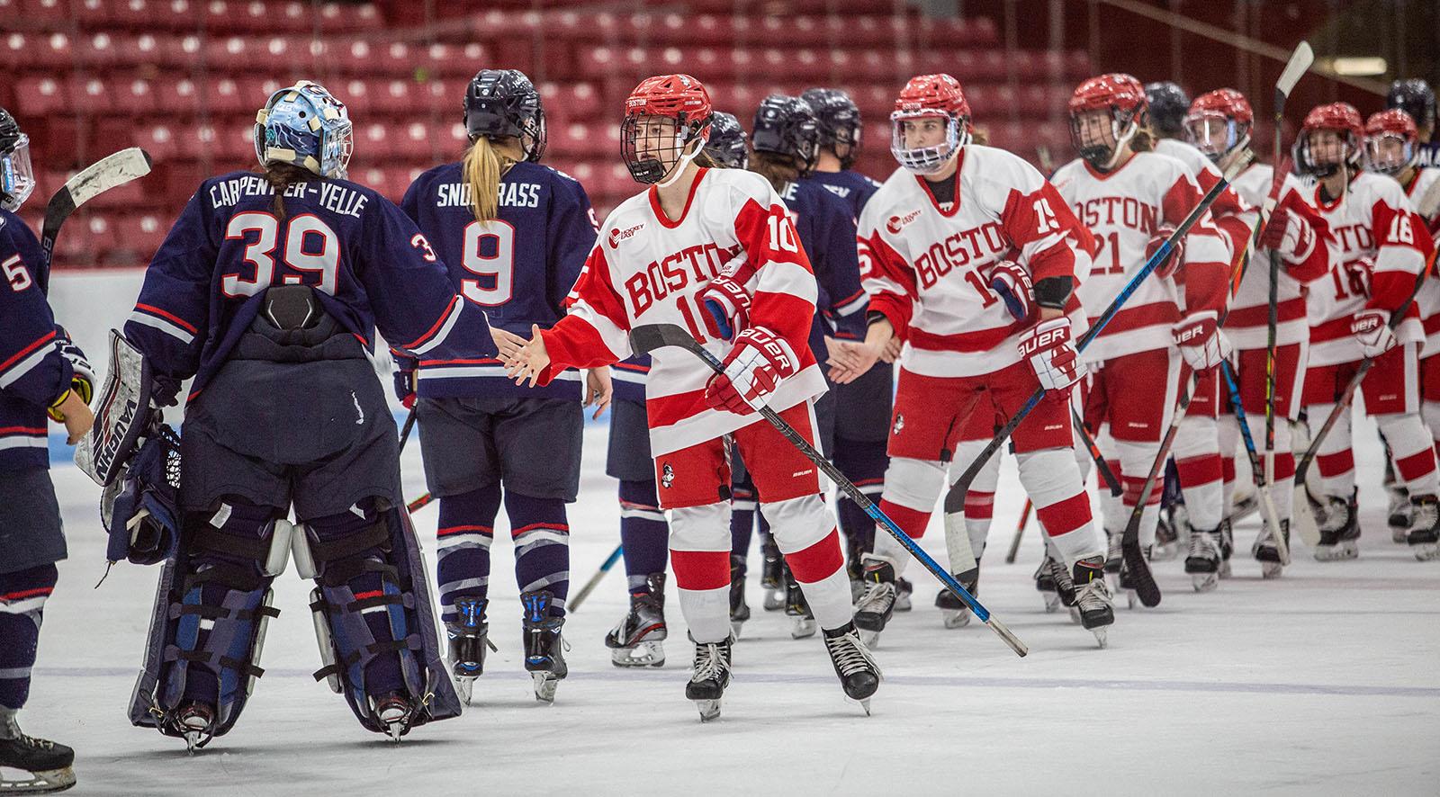 Boston University women’s ice hockey team in a game against the University of Connecticut on Feb. 21. The team will open its season against the University of New Hampshire on Friday. LAURYN ALLEN/ DAILY FREE PRESS STAFF