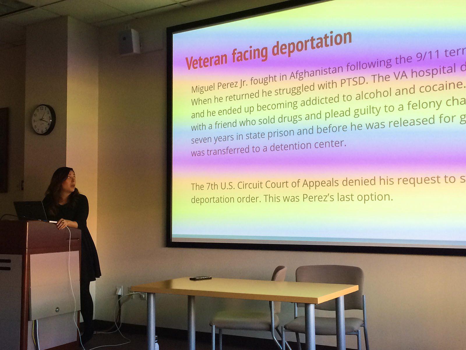 Reporter Maria Zamudio speaks at an information session for the Pulitzer Center Global Health Reporting Fellowship at Boston University’s College of Communications Friday. COURTESY ANNE DONOHUE