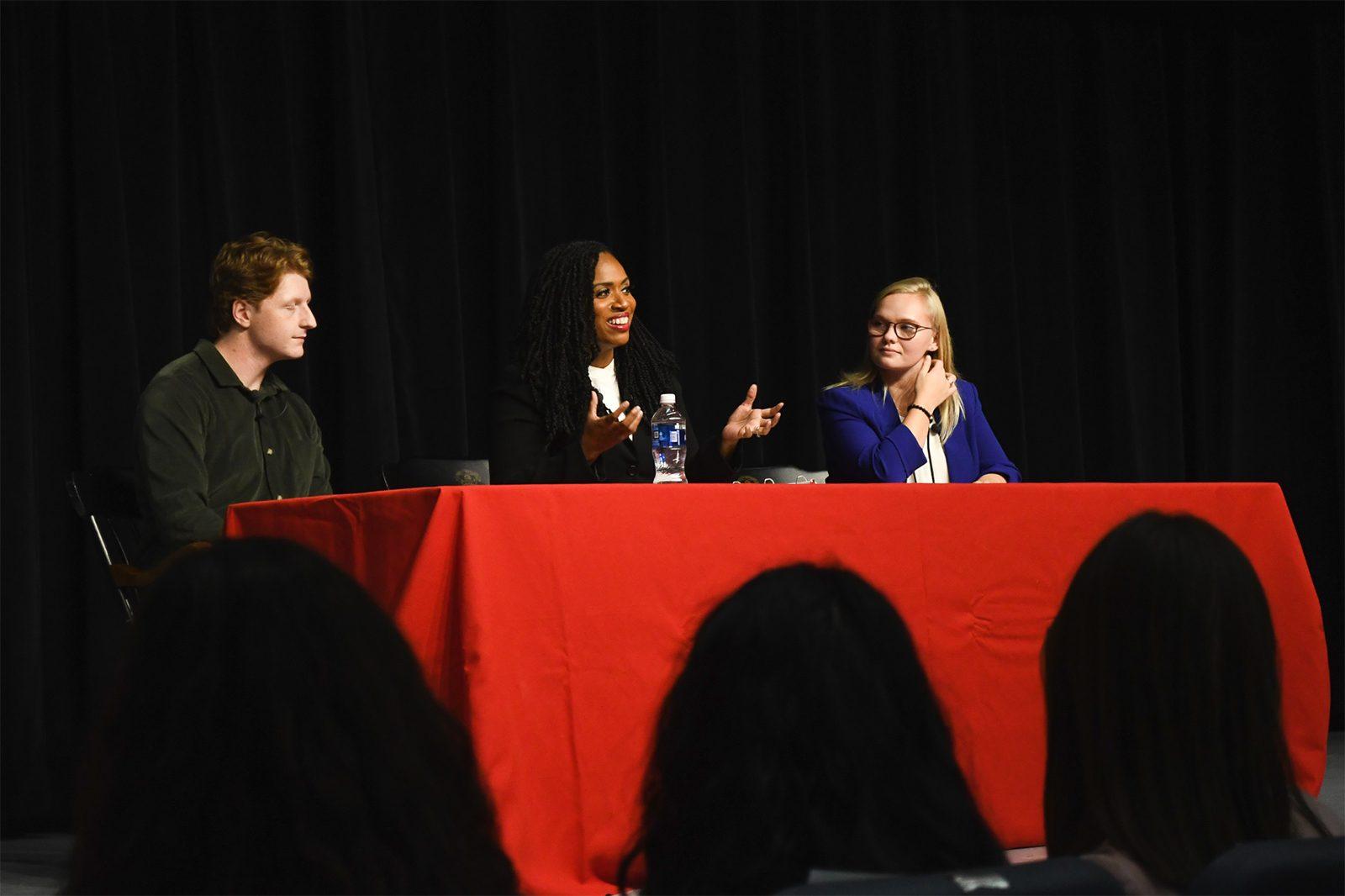 Representative Ayanna Pressley speaks at an election day event hosted by the Boston University College Democrats at the George Sherman Union on Tuesday. AUSMA PALMER/ DAILY FREE PRESS STAFF