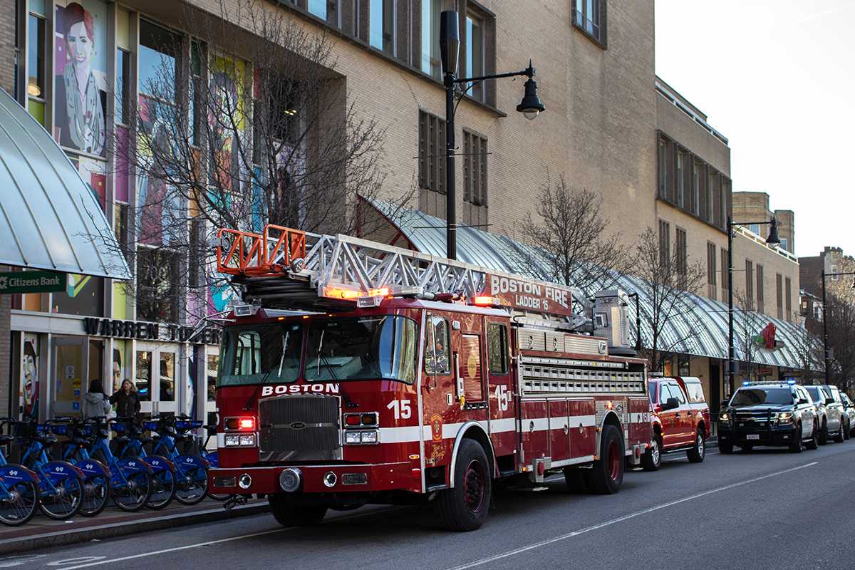 Boston Fire Department Engine 15 outside Boston University’s Warren Towers. A fire was reported at 3:15 p.m. March 16 on the 17th Floor of Tower A after an appliance was left on in a student dormitory. SAM BETSKO/DFP STAFF