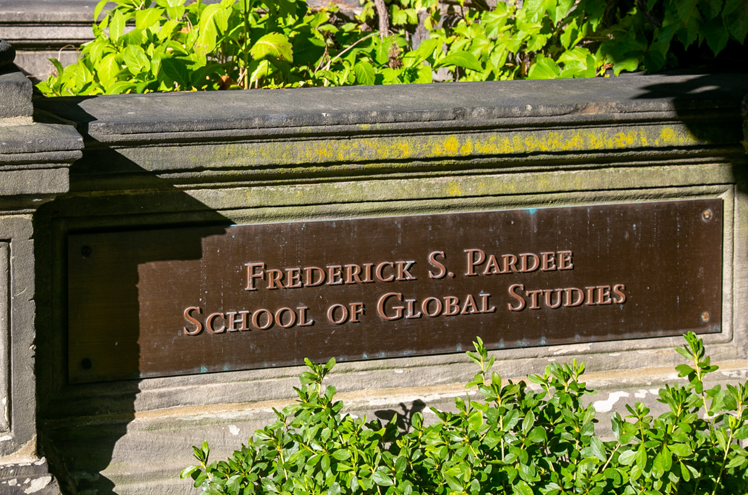 plaque reads "Frederick Pardee School of Global Studies"
