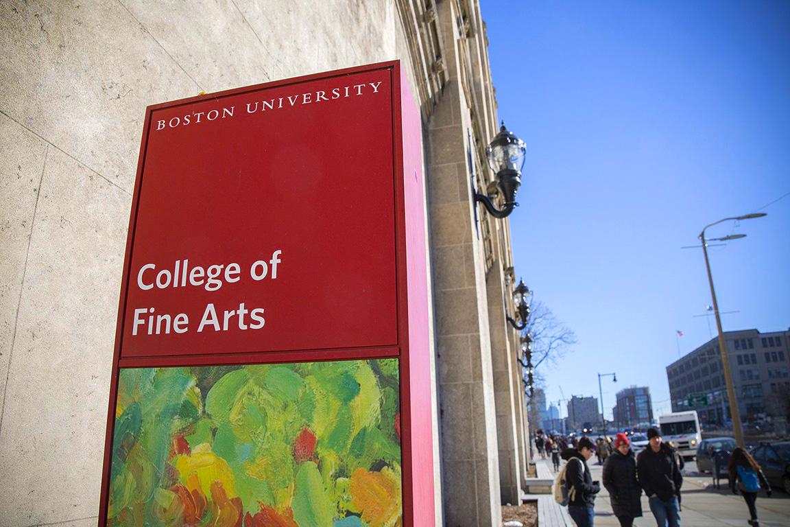 A College of Fine Arts sign. In the six weeks left in 2021, the Boston University School of Theatre will be putting on eight more shows. ERIN BILLINGS/ DFP FILE